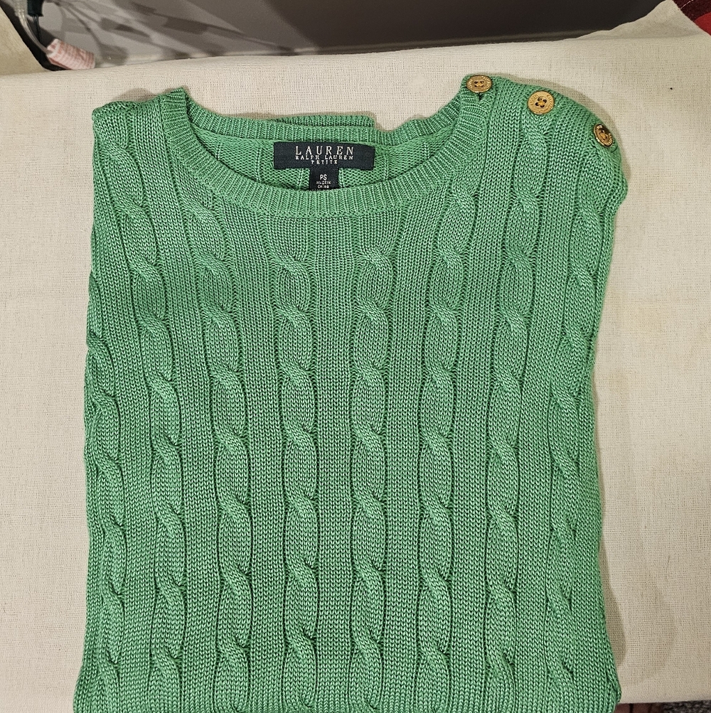 NWOT L-RL Petite Green Women's Cable Knit Sweater With Gold Button Detail-PS - Picture 2 of 6